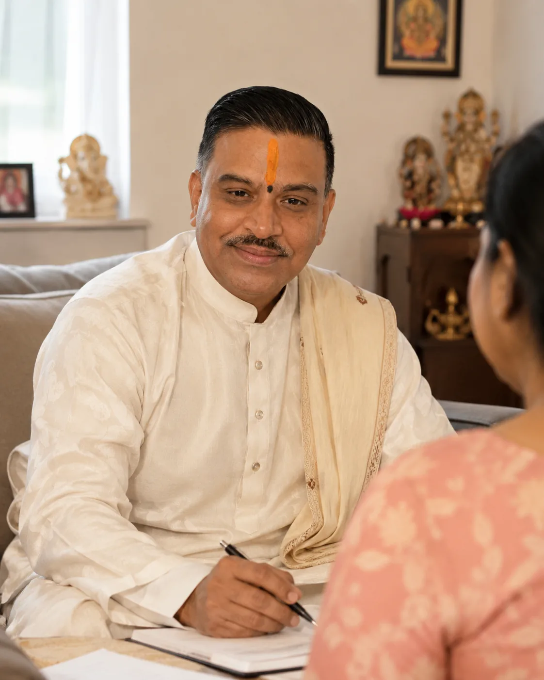A Hindu priest seated at a table with a notebook, listening to someone in a quiet home room with a small shrine behind him