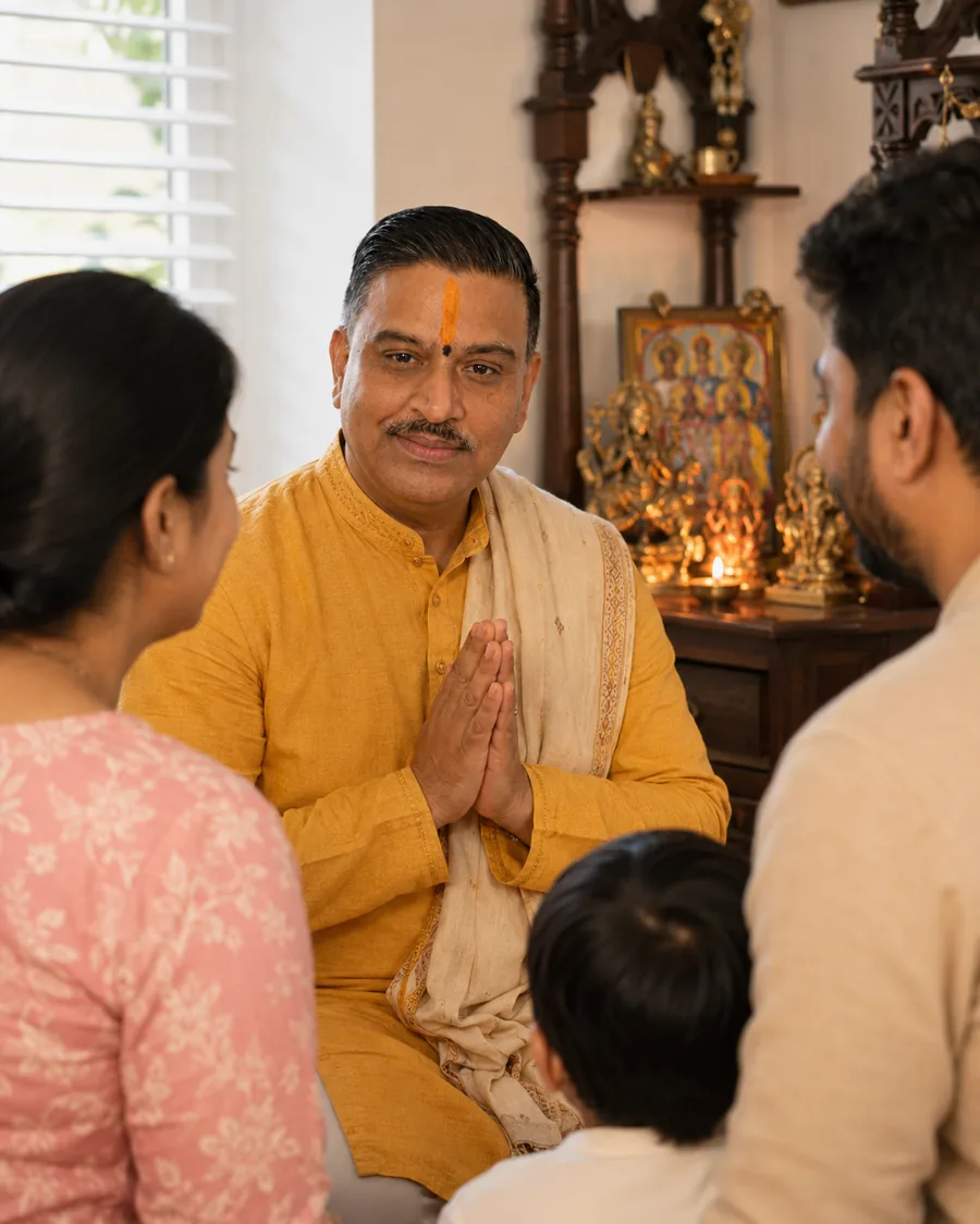 A Hindu priest with hands joined in prayer beside a lit home shrine, with family members seated around him
