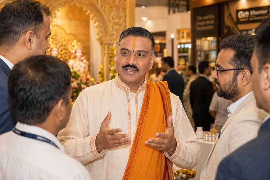 A Hindu priest explaining something to a small group at an exhibition