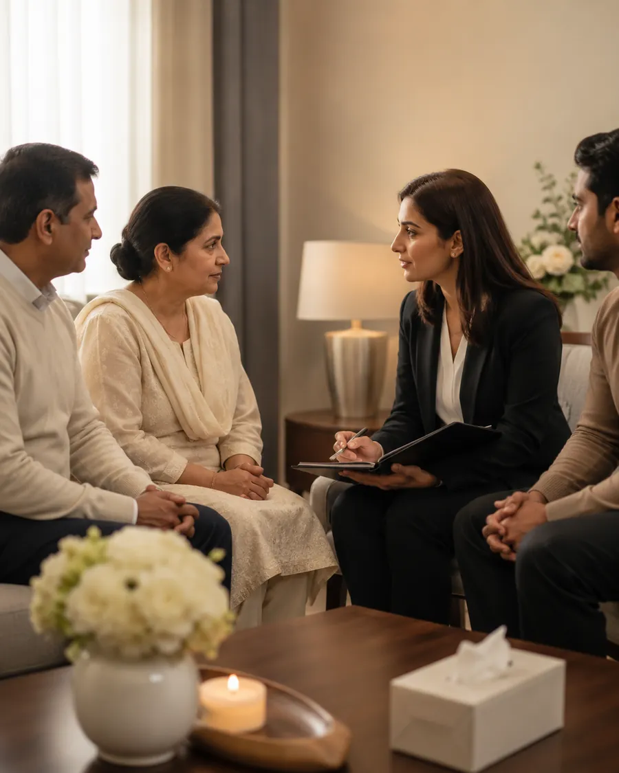 A family sitting quietly with an adviser in a softly lit room, making arrangements together