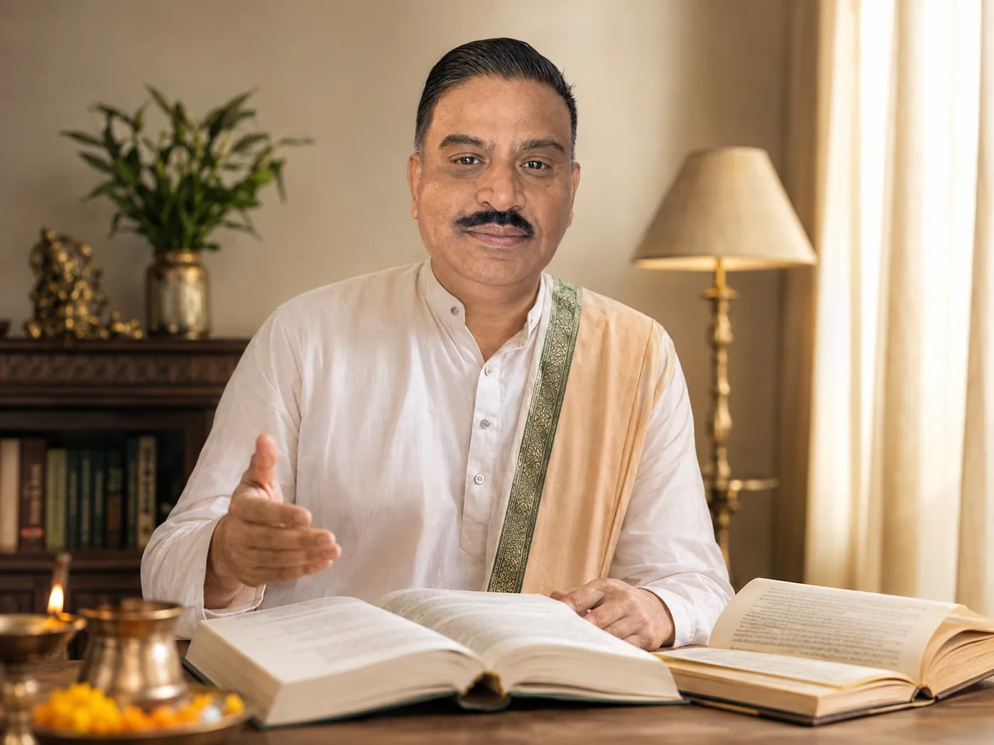Shastri Ji Manishbhai Pandya seated at a table with open scriptures, mid-explanation