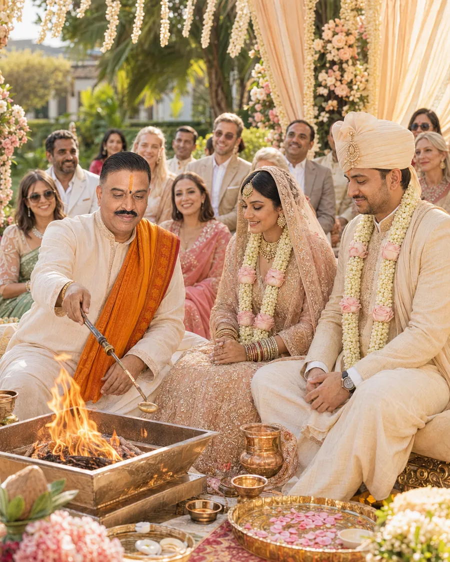 A priest blessing a groom during a Hindu wedding ceremony, with brass vessels and petals laid out in front