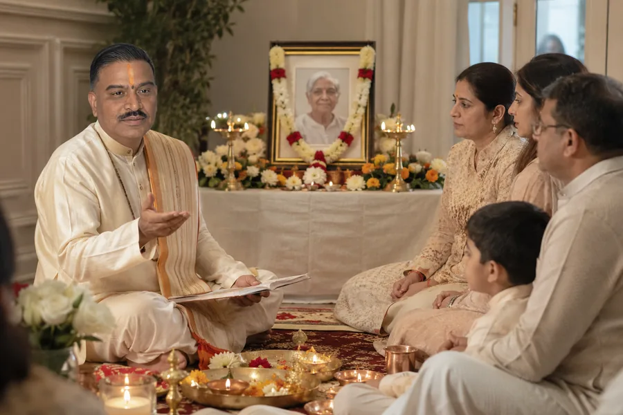 A Hindu priest reading from a ritual text before a garlanded framed photograph, with family seated quietly nearby
