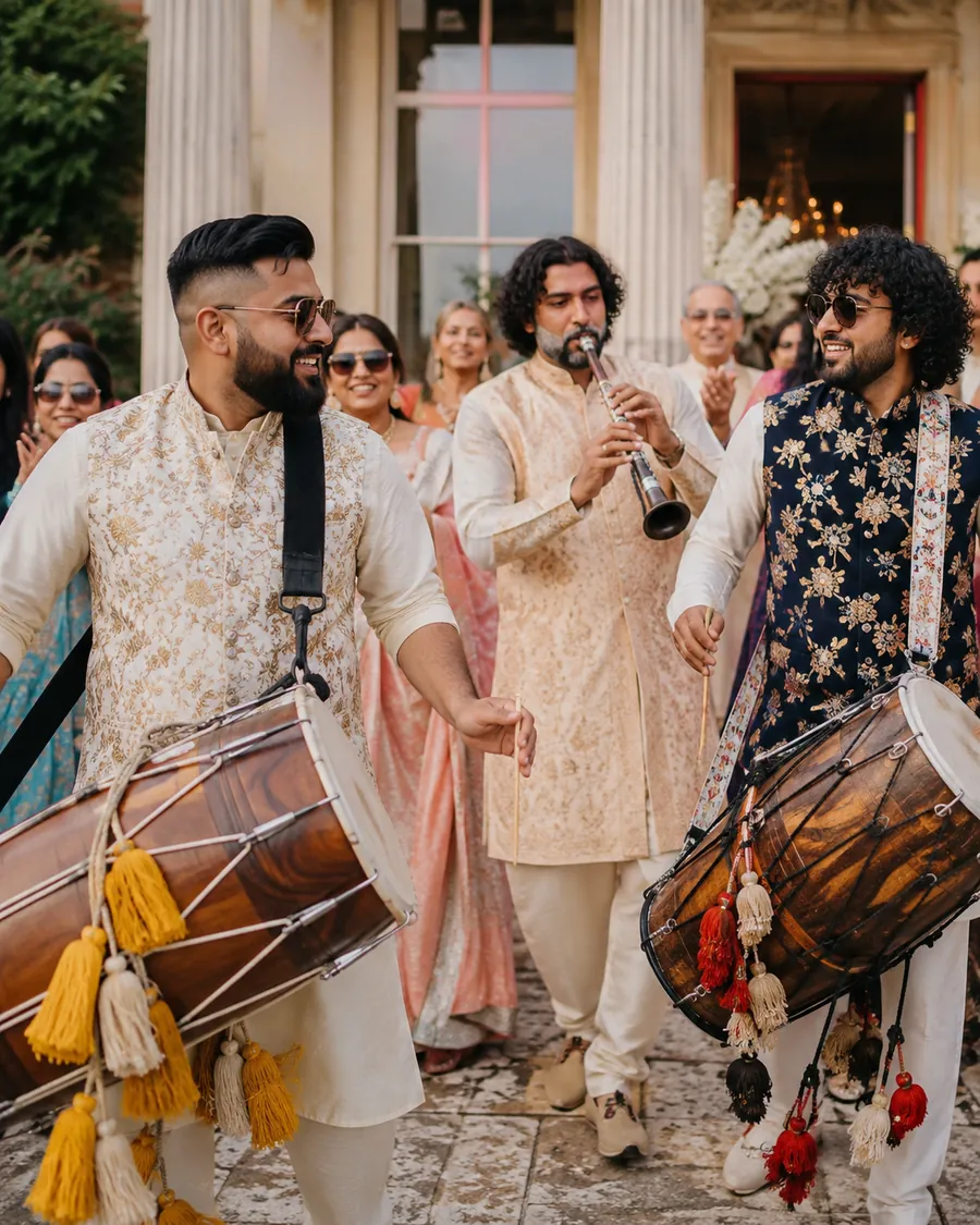 Dhol players drumming as guests walk together during a baraat procession