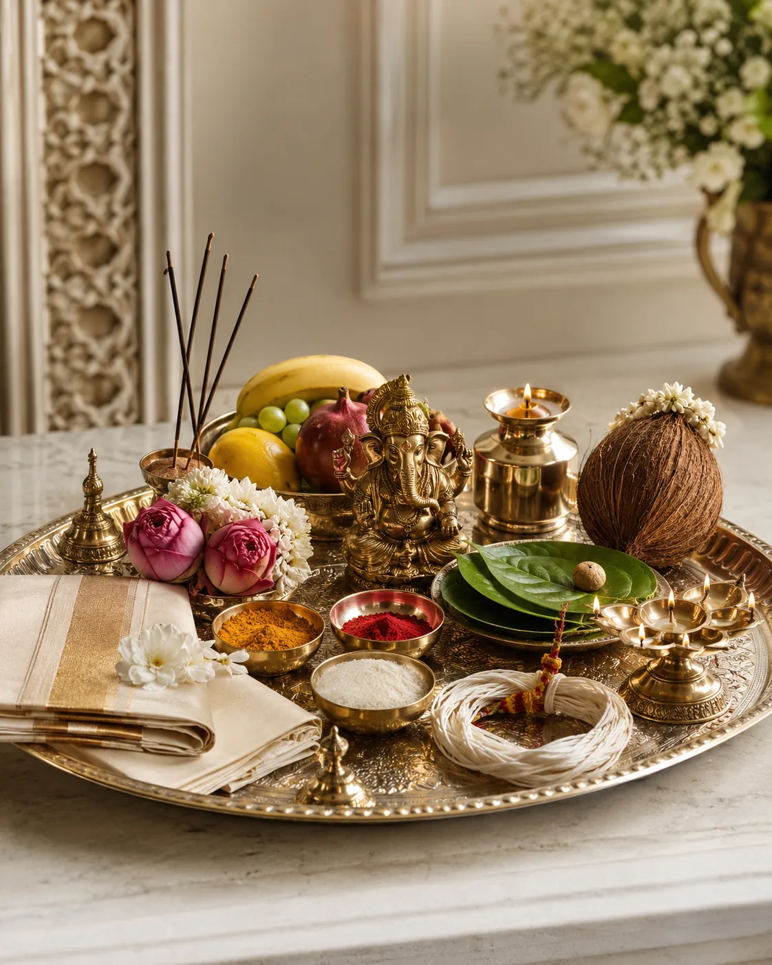 Puja samagri arranged on a large brass thali — a small Ganesh murti, brass vessels, kumkum and turmeric, flowers, fruit, a coconut, betel leaves and incense