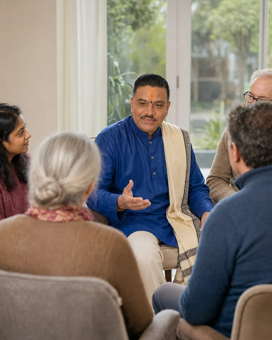 A Hindu priest speaking with a small group of people seated together in a bright room