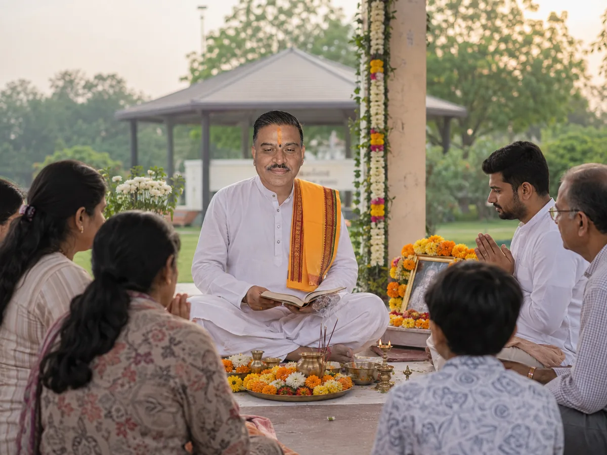 A Hindu priest seated outdoors with an open ritual text, leading prayers before a garlanded framed photograph, with family members seated with hands joined