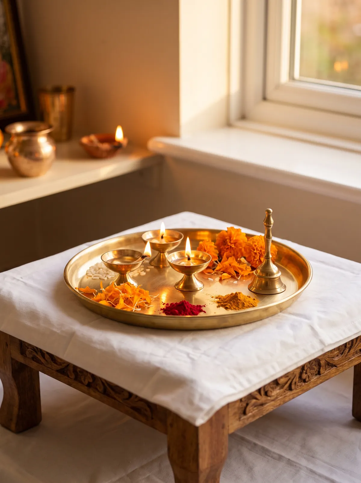 Brass aarti plate holding three lit diyas, kumkum, turmeric, marigold petals, rice and a small bell, on a low wooden table in soft window light