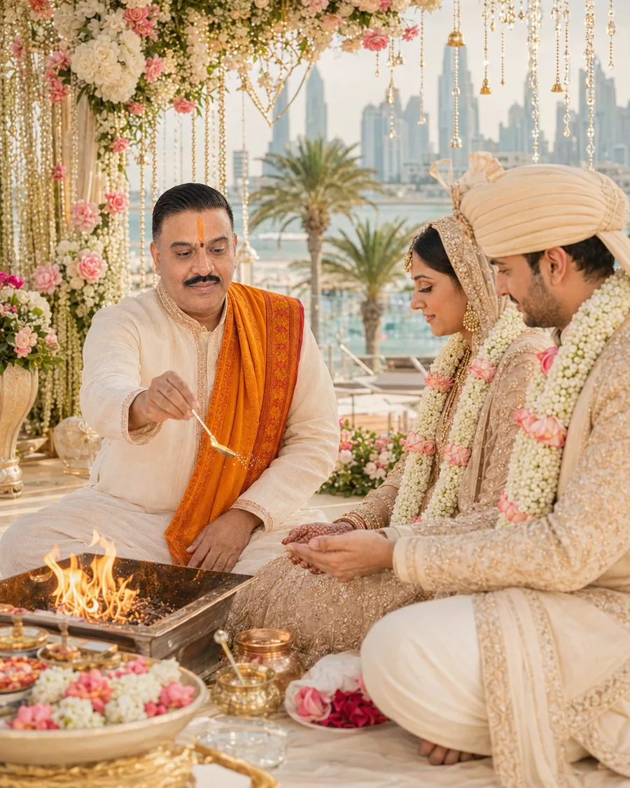 A Hindu wedding ceremony held outdoors beneath a floral mandap, with palm trees and a waterfront skyline behind