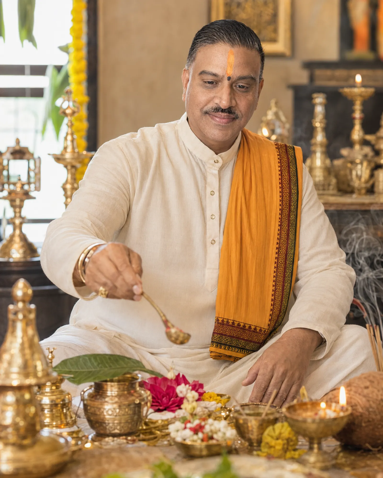 Close view of an offering being poured during a Hindu ritual, with brass vessels and flowers