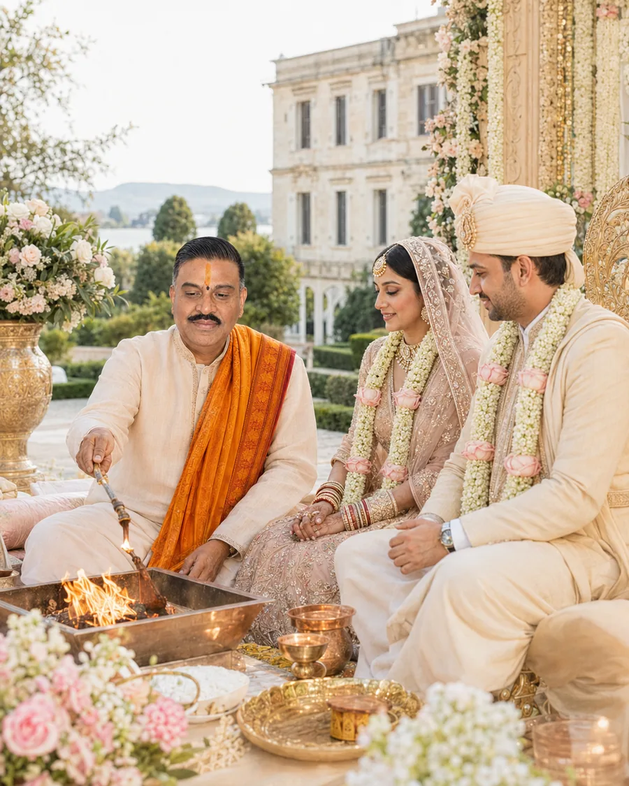 A priest performing rites at the sacred fire with brass vessels and flowers laid out around it