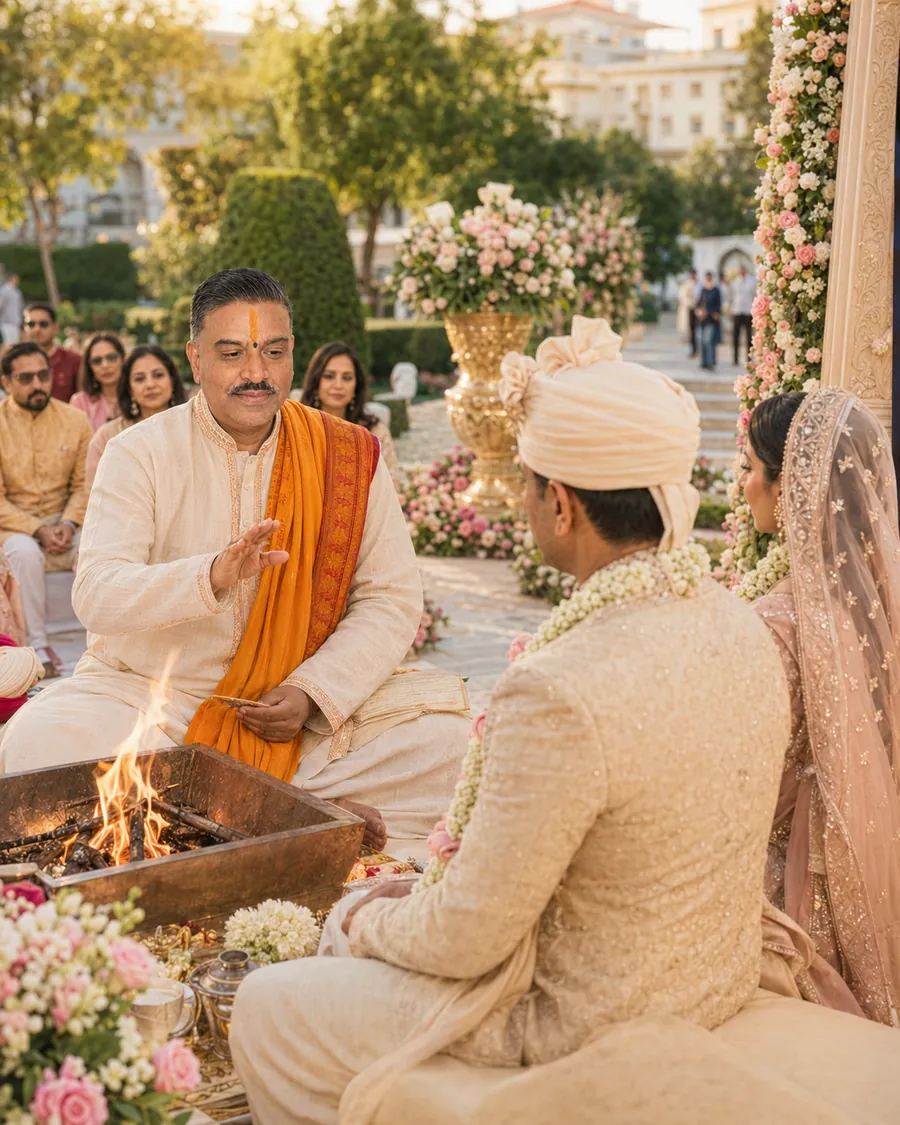A priest seated at the sacred fire opposite a groom during a Hindu wedding rite in a garden setting