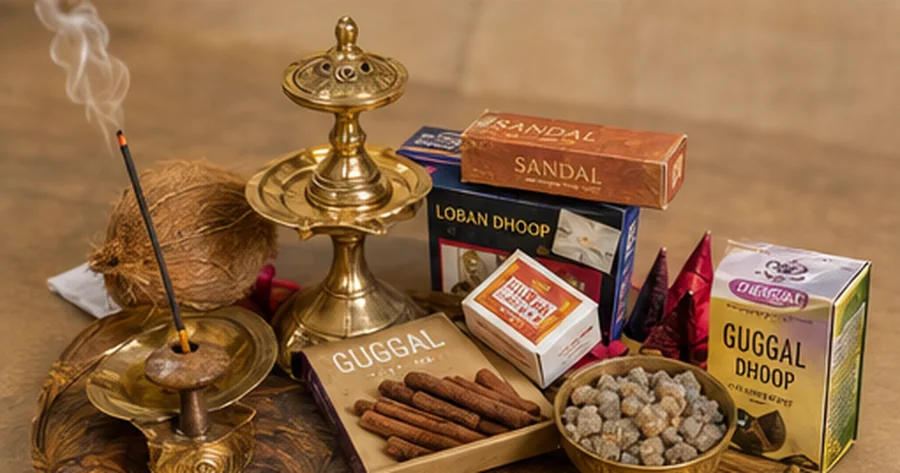 Incense sticks burning beside dhoop, camphor resin, a coconut and a tall brass lamp stand