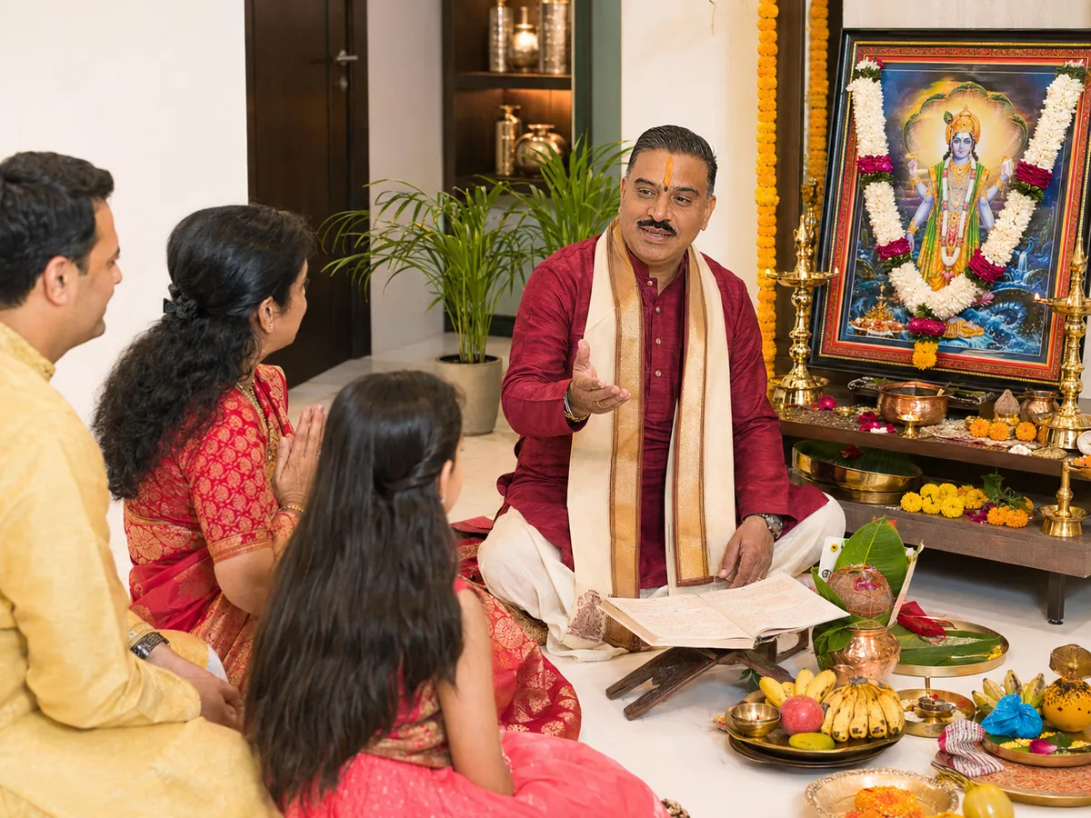 A Hindu priest seated at a home shrine explaining a puja to a family, with an open ritual text, brass and copper vessels, a kalash, marigolds, fruit and a coconut laid out as offerings