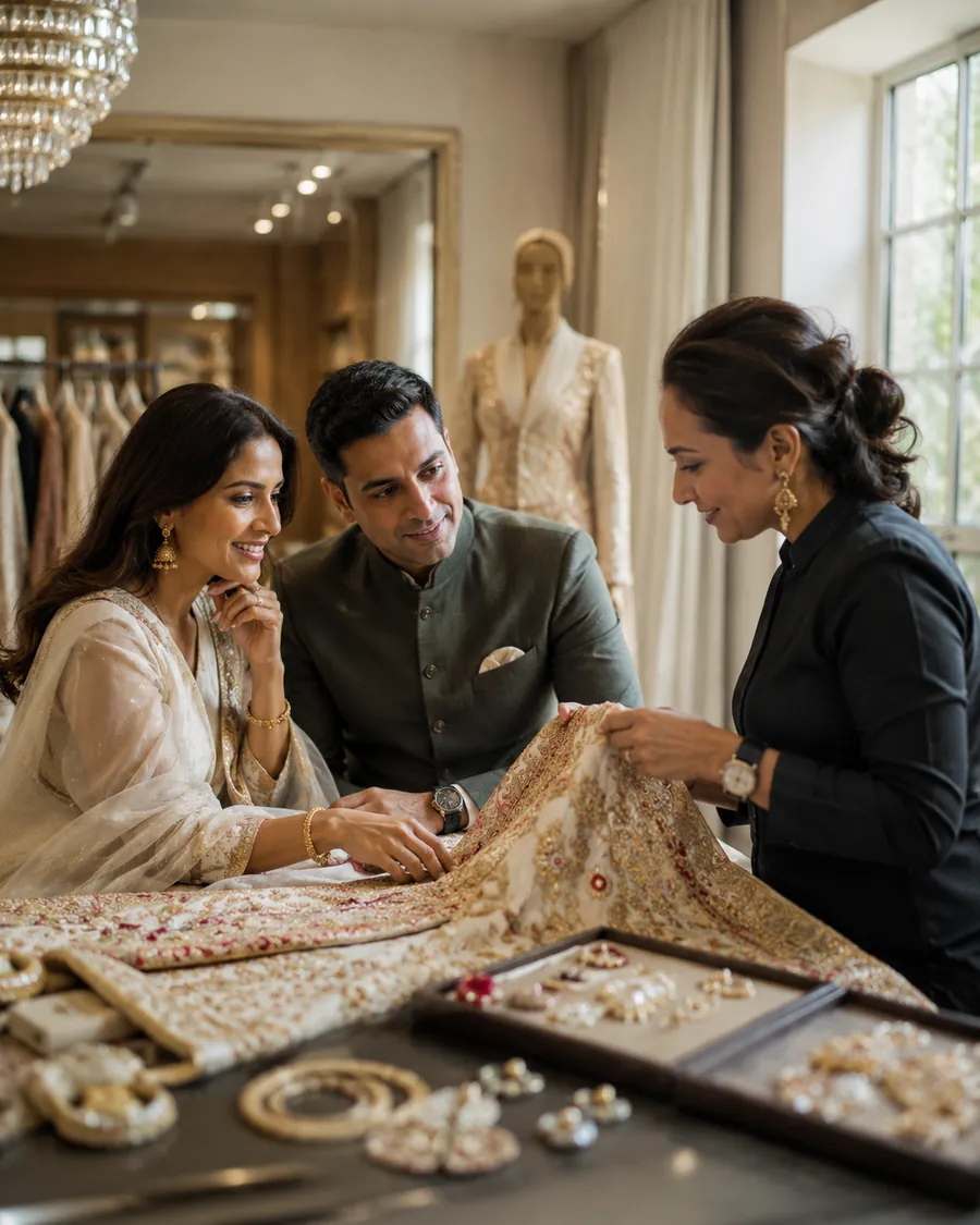 A couple looking at embroidered bridalwear and jewellery with a consultant in a boutique
