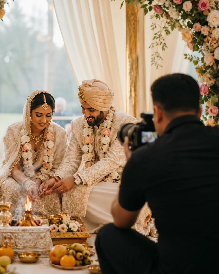 A videographer filming a seated couple during a Hindu wedding ritual
