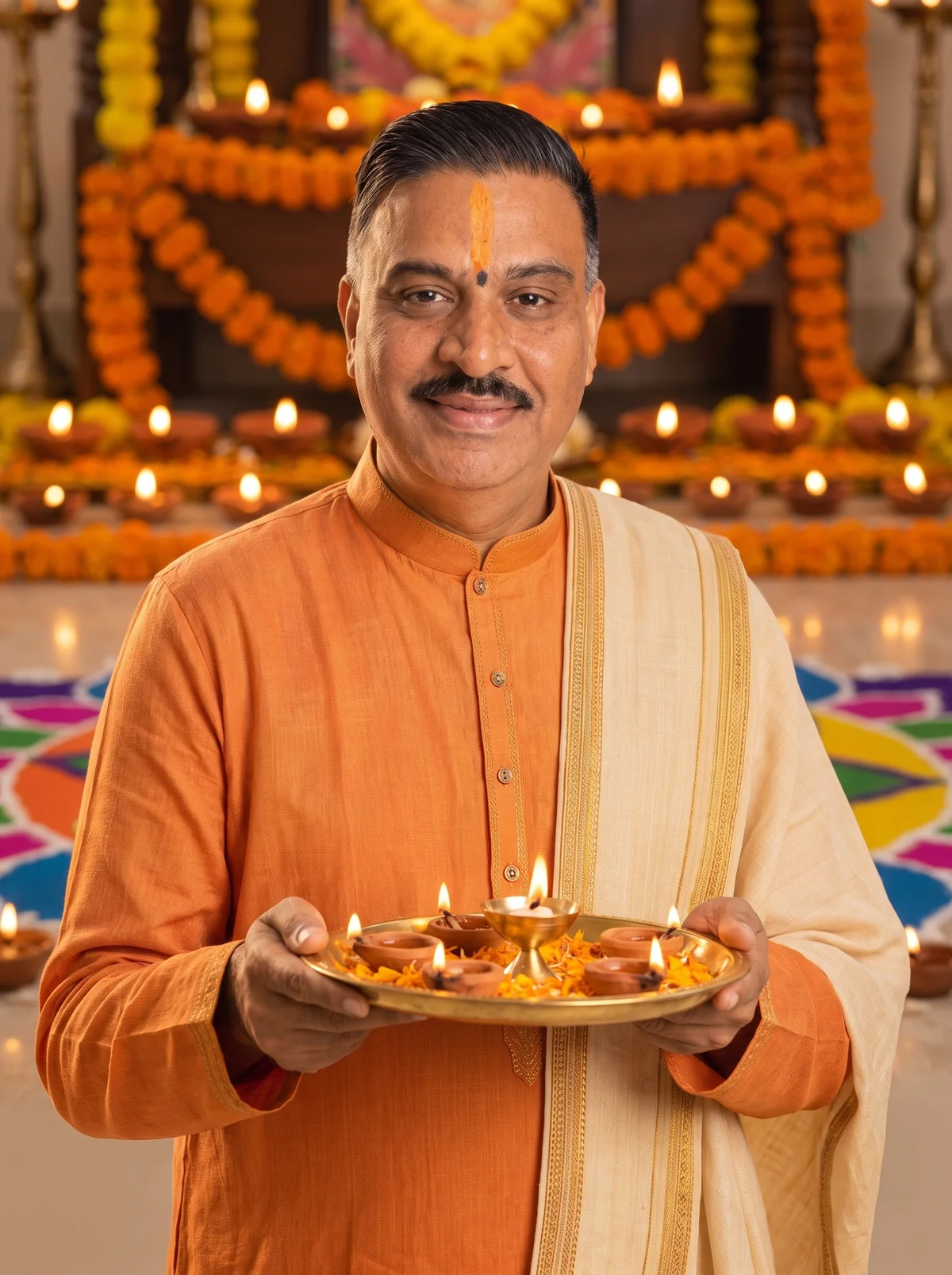 Shastri Ji Manishbhai Pandya holding an aarti lamp before a devotional shrine
