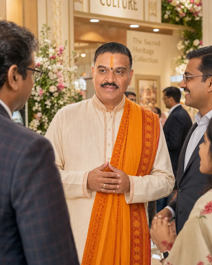 A Hindu priest talking with visitors beside a floral display at an exhibition stand