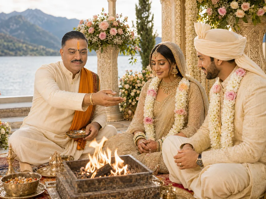An offering being made into the sacred fire as a garlanded couple watch, with hills in the distance