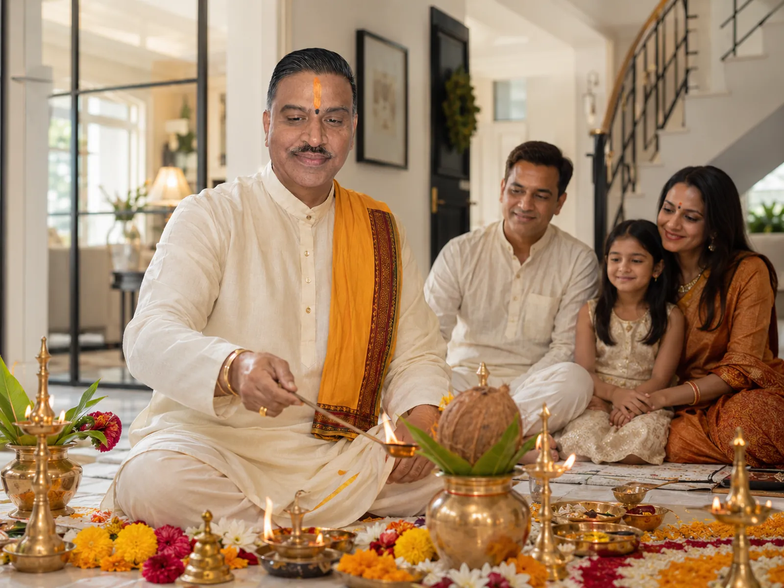 Shastri Ji Manishbhai Pandya leading a puja at home while a family sits with him