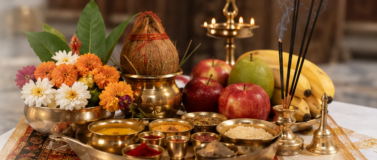 A brass puja thali laid out with flowers, a coconut on a kalash, fruit, small bowls of coloured powders and rice, a lit oil lamp and incense