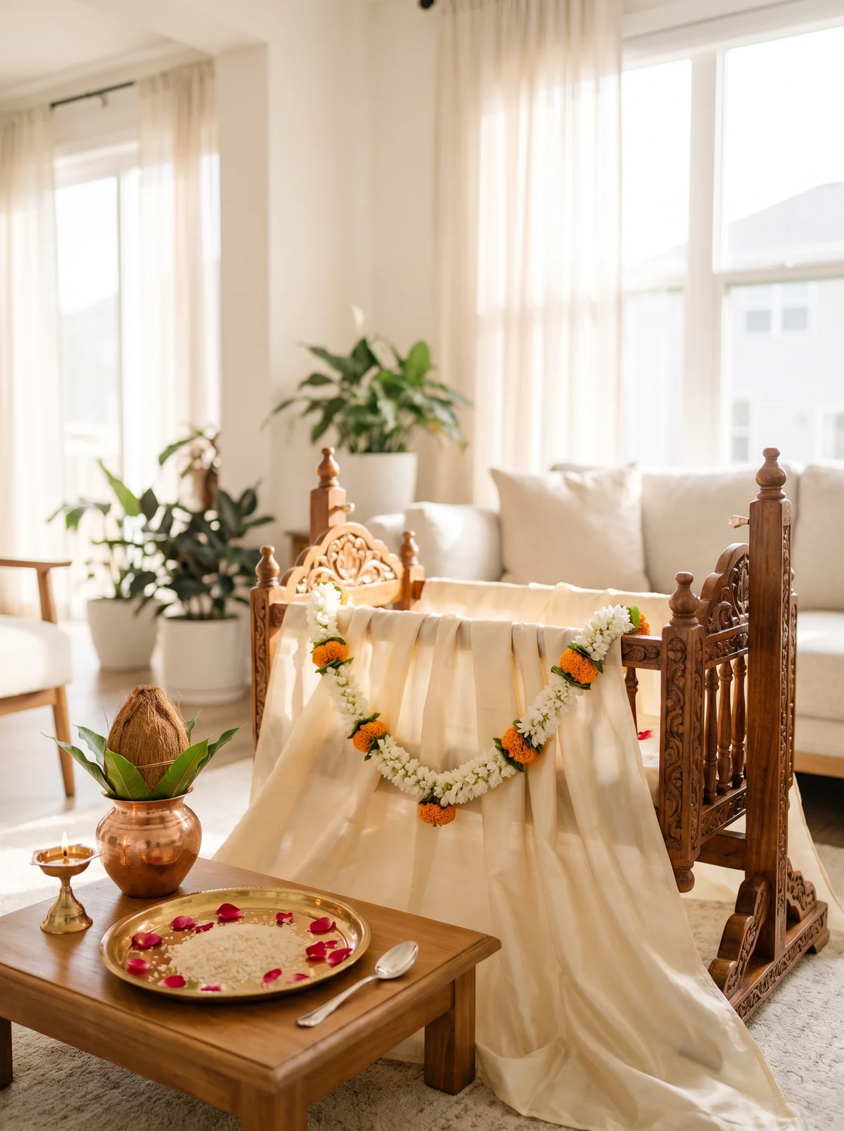 A decorated cradle with flower garlands, a brass kalash and offerings for a naming ceremony