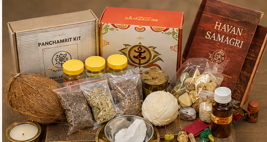 A prepared ceremony kit of small sealed packets of dry samagri, ghee, camphor and a coconut set out on a wooden board