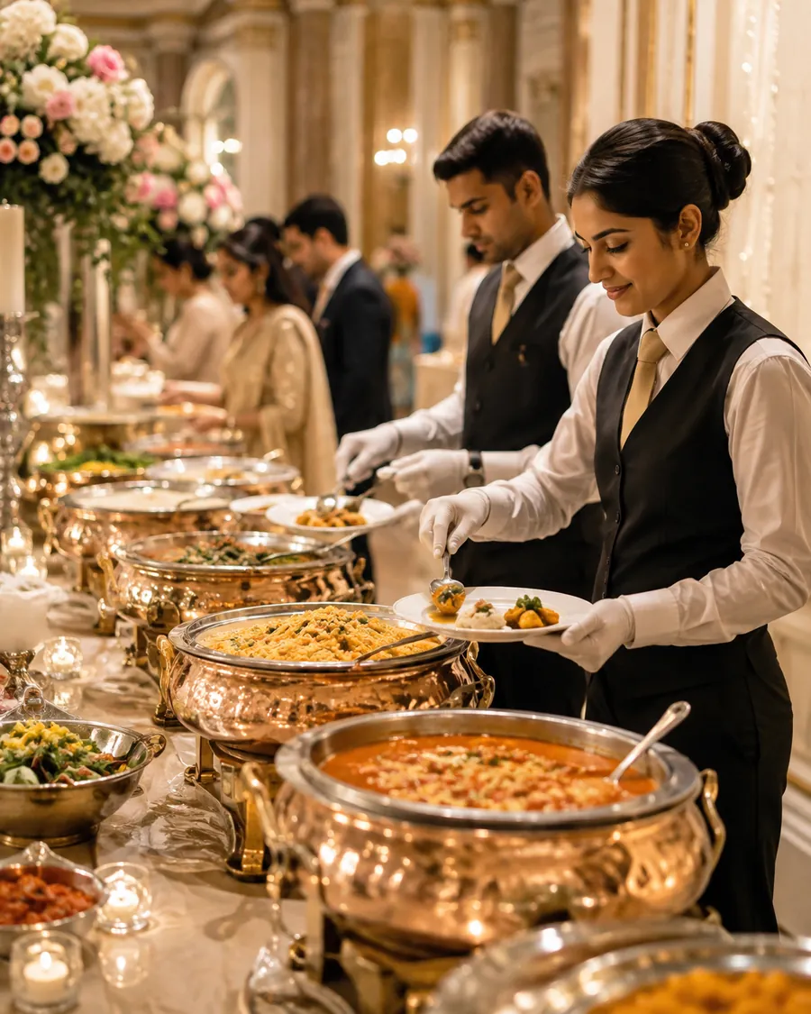 Catering staff serving Indian vegetarian dishes from copper chafing dishes at a wedding buffet