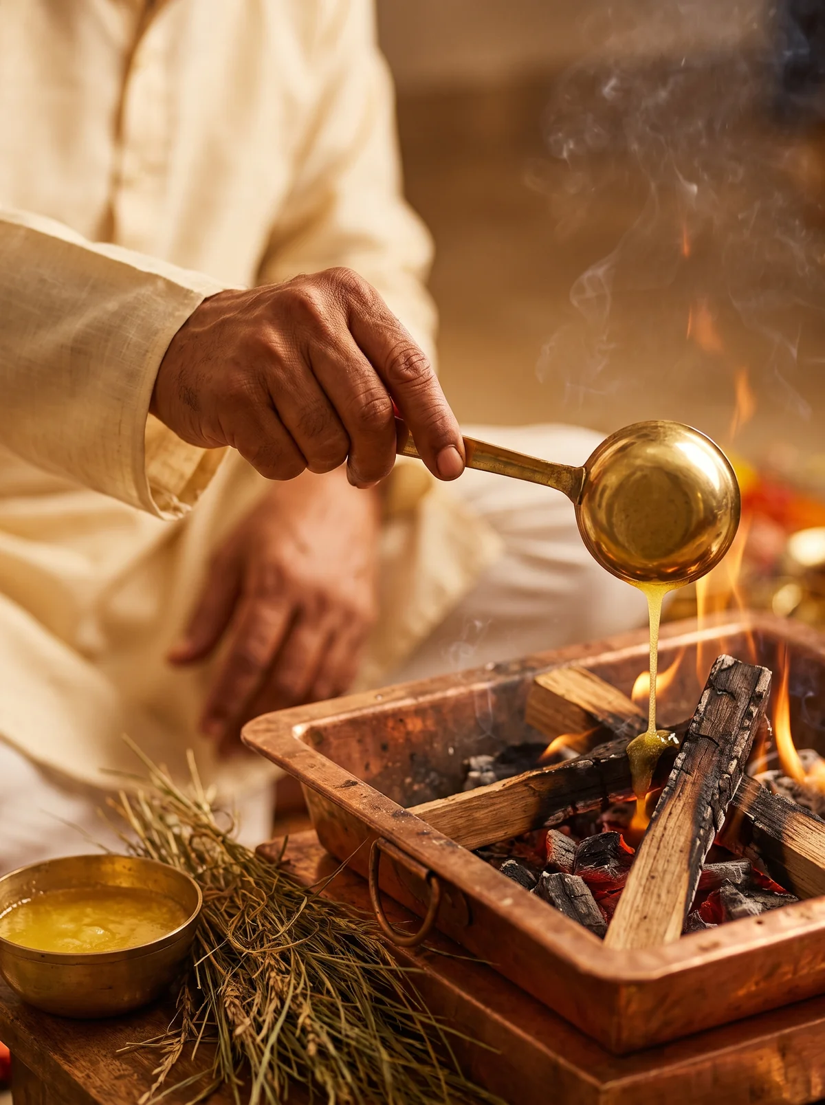 Hands pouring ghee from a brass spoon into a havan fire