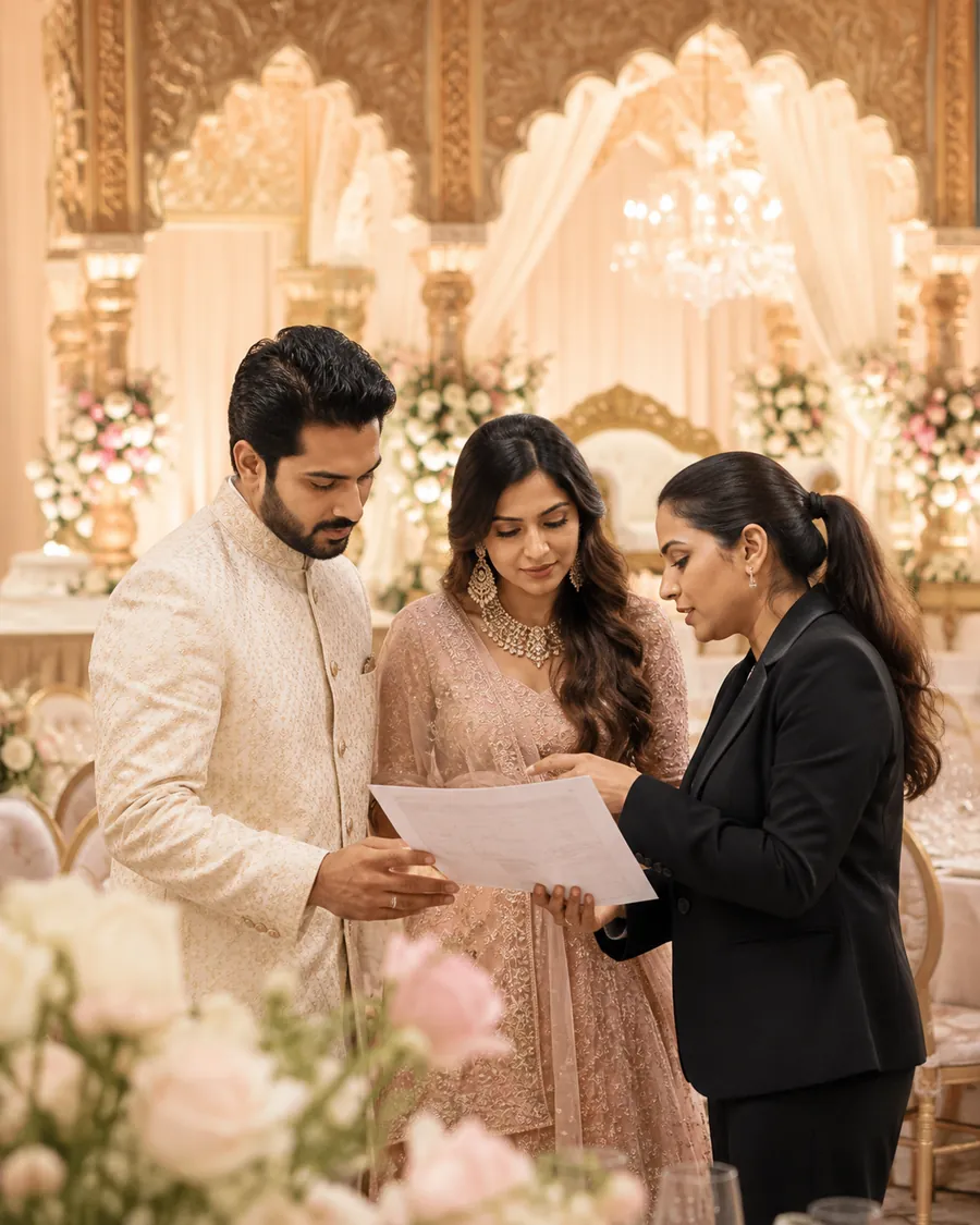 A couple reading through a running order with a wedding coordinator beside a decorated stage