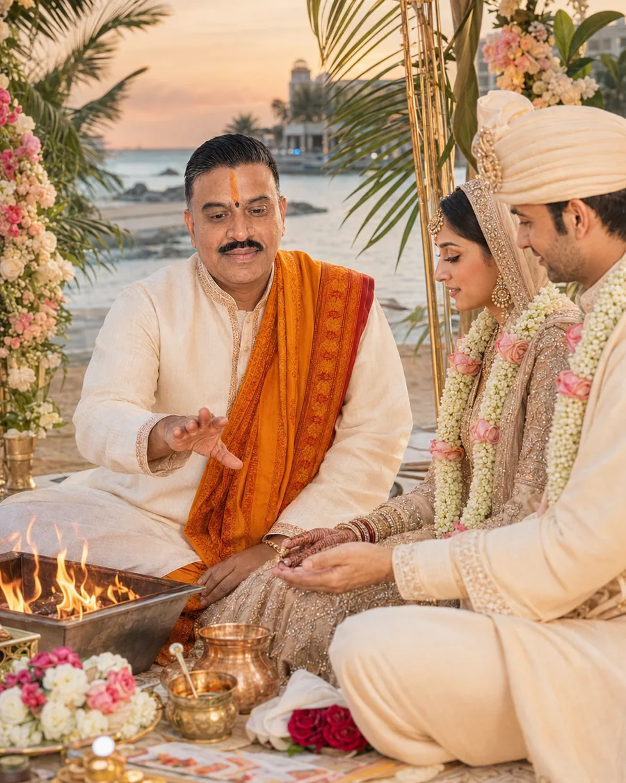 A Hindu wedding ceremony at sunset beneath a flower-dressed mandap, the fire burning in front of the couple