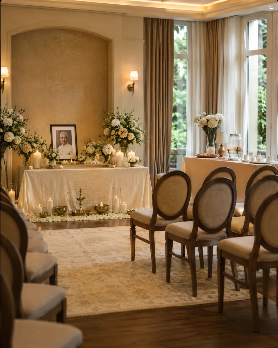 A remembrance table with white flowers, candles and an empty photograph frame in a quiet room