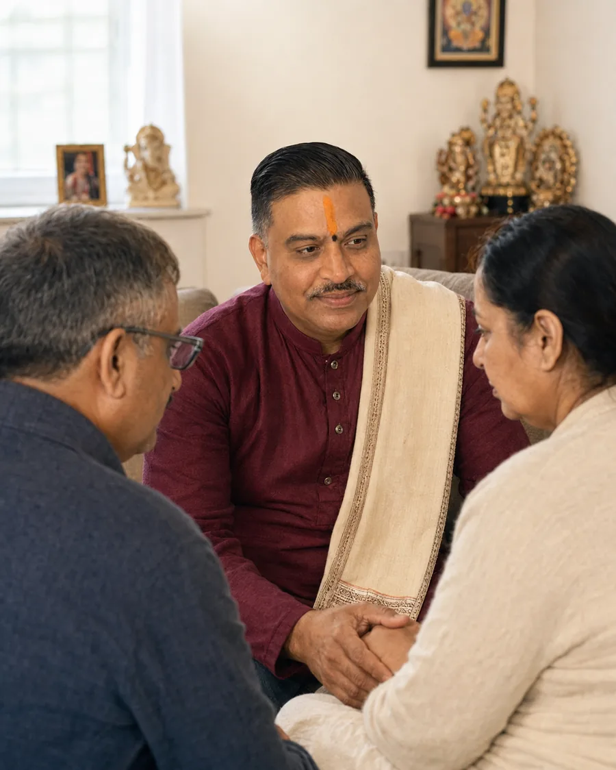 A Hindu priest sitting with an older couple in a living room, talking quietly with them
