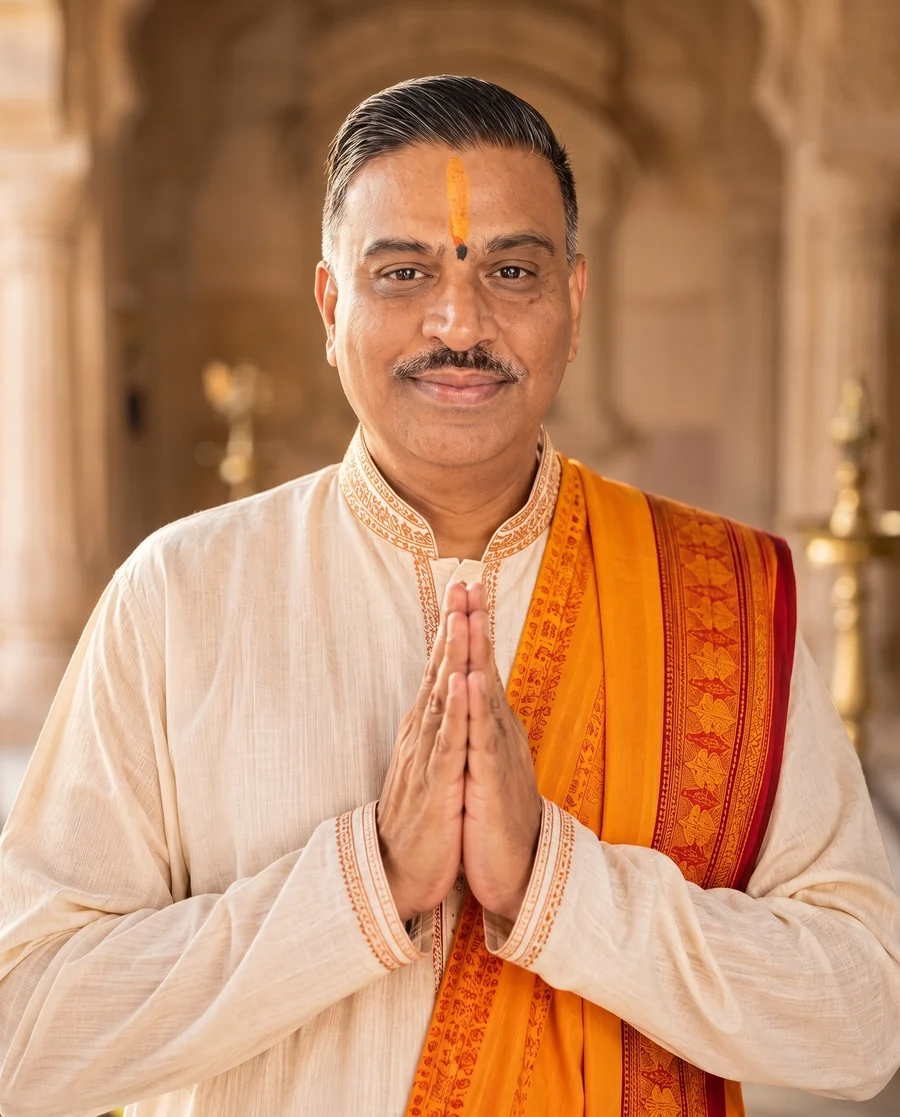Shastri Ji Manishbhai Pandya greeting with namaste