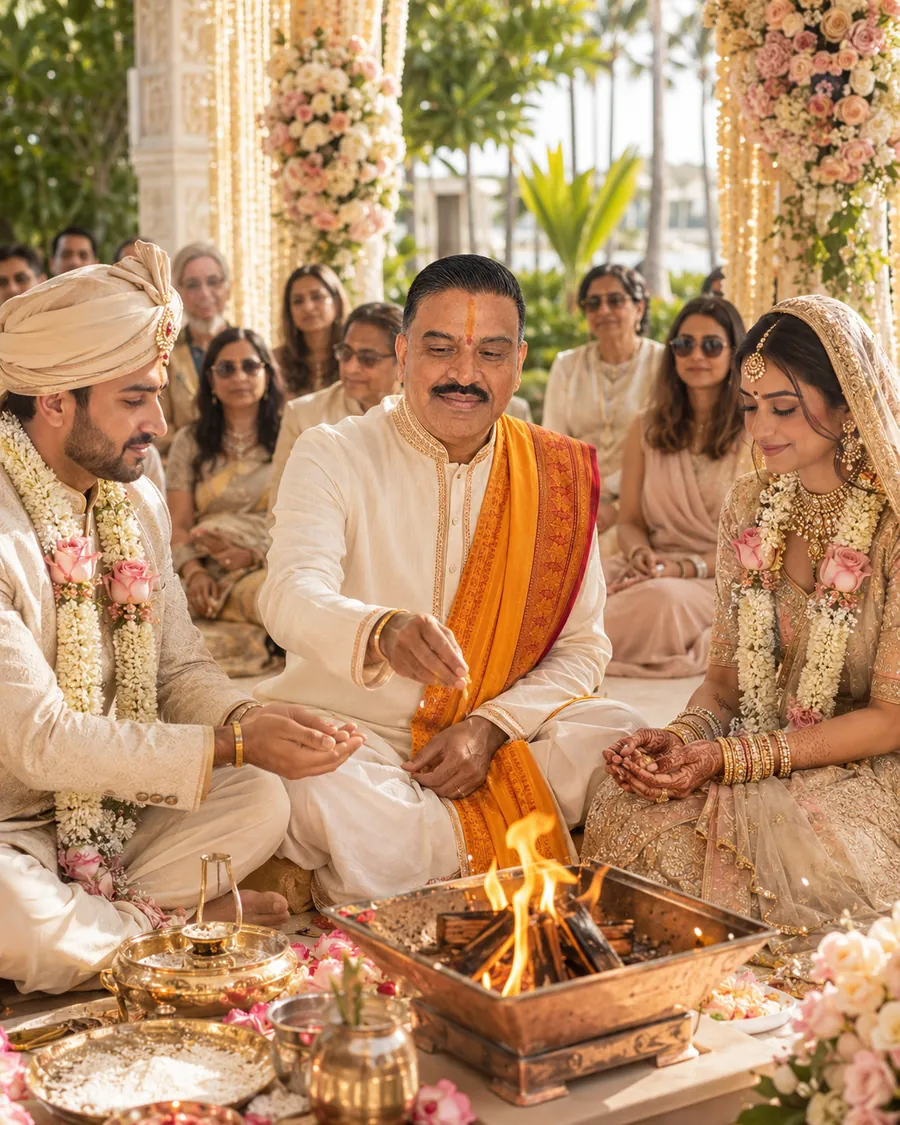 A priest performing a rite at the sacred fire with a garlanded couple and guests seated around the mandap