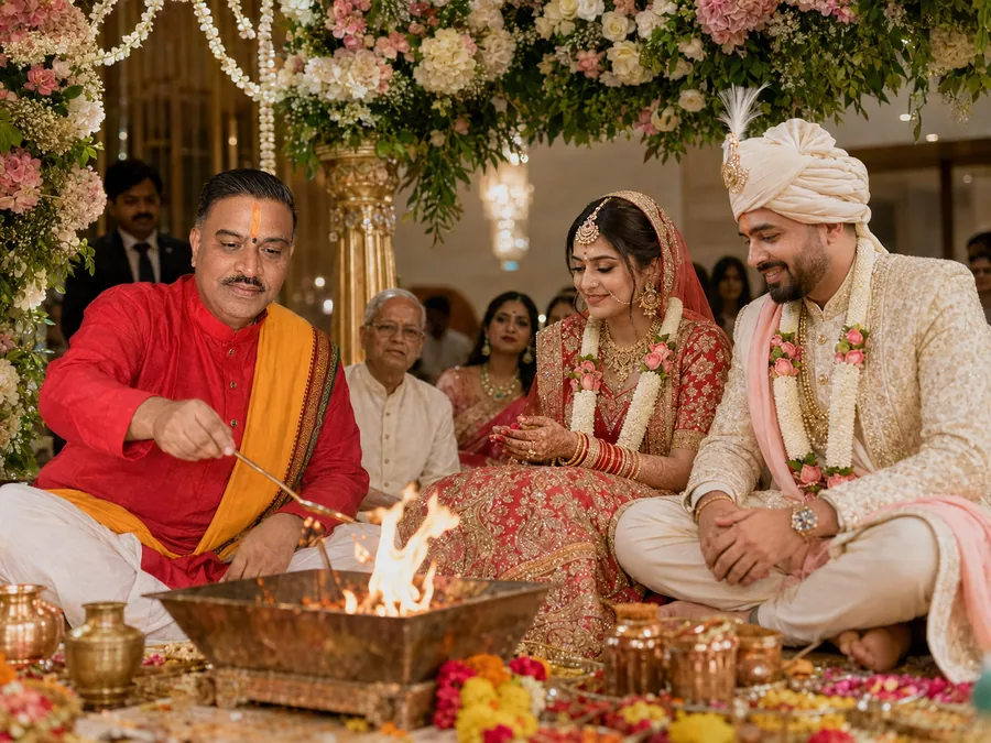 A Hindu wedding ceremony beneath a flower-dressed mandap, with the couple and family seated around the fire