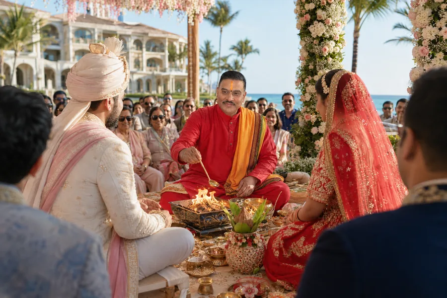 A couple seated either side of the sacred fire as guests look on, with palm trees and the sea behind