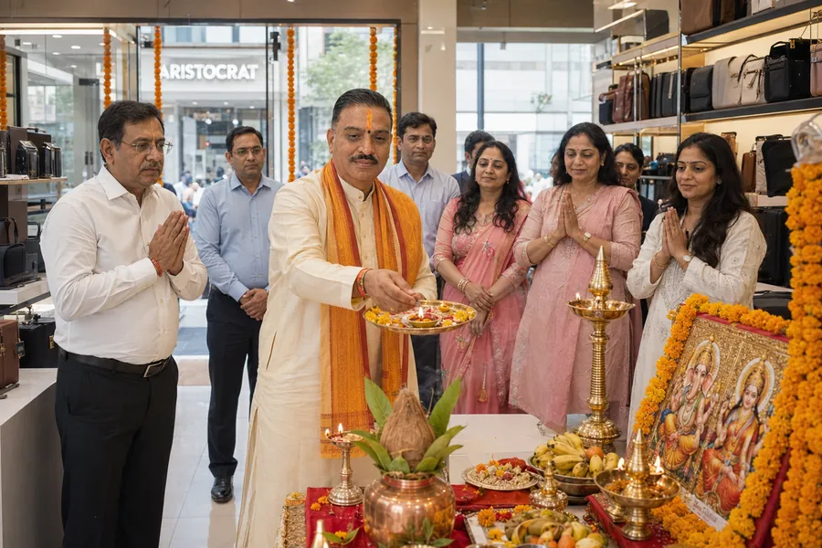 A priest holding an aarti thali before a garlanded shrine inside a retail shop, with people standing with hands joined