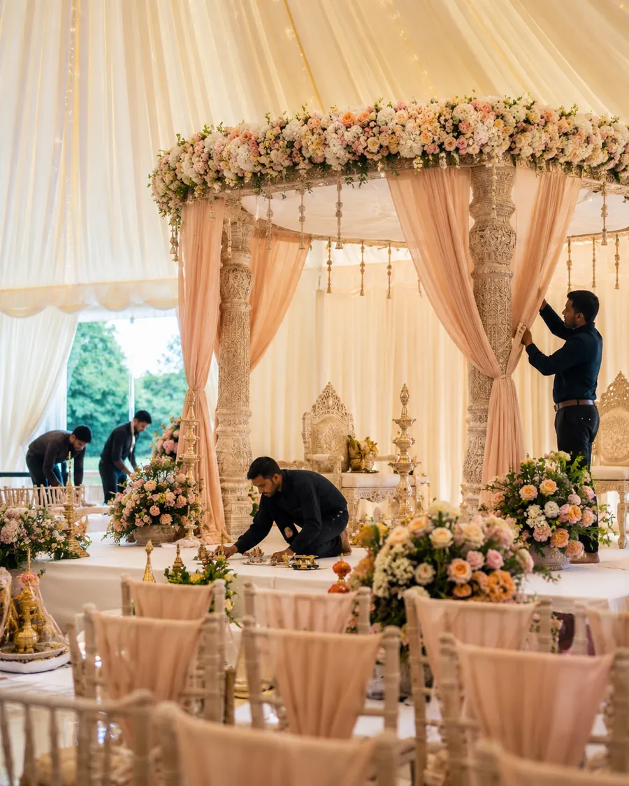 A mandap being dressed with pastel drapes and floral garlands inside a marquee before a ceremony