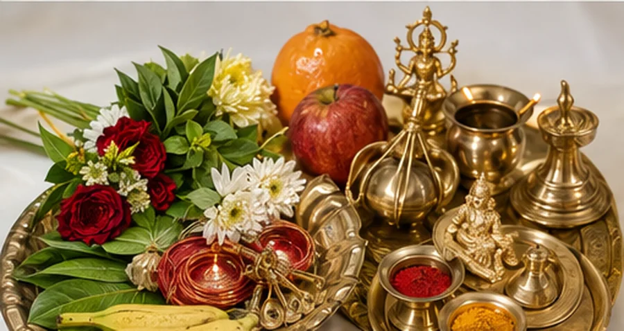 A brass thali holding flowers, fruit, small bowls of kumkum and haldi, a bell and a lamp