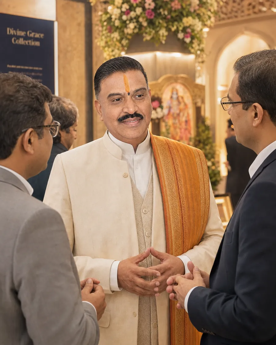 A Hindu priest standing with guests in front of a decorated exhibition display