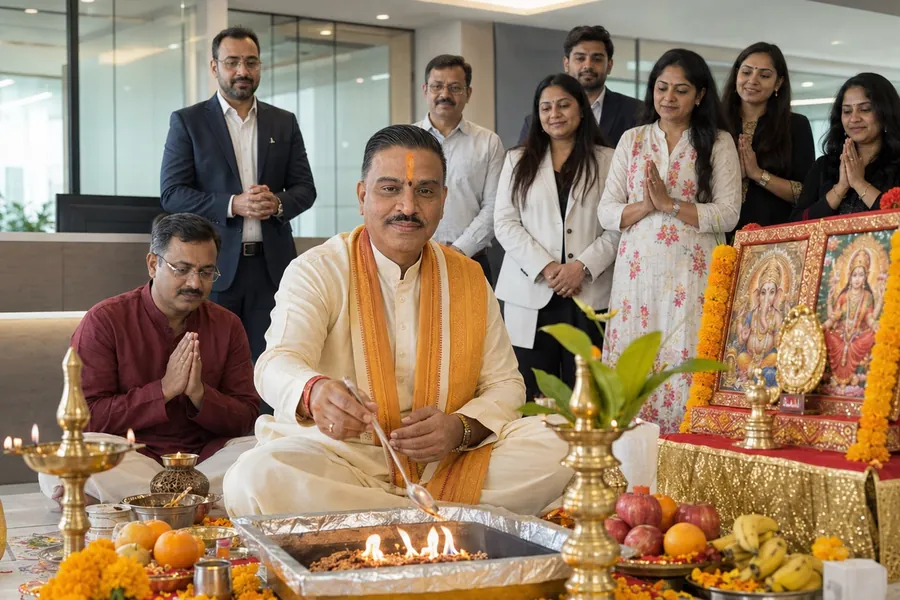 A priest making an offering into a small sacred fire at a workplace ceremony, with brass lamps, marigolds and fruit arranged in front
