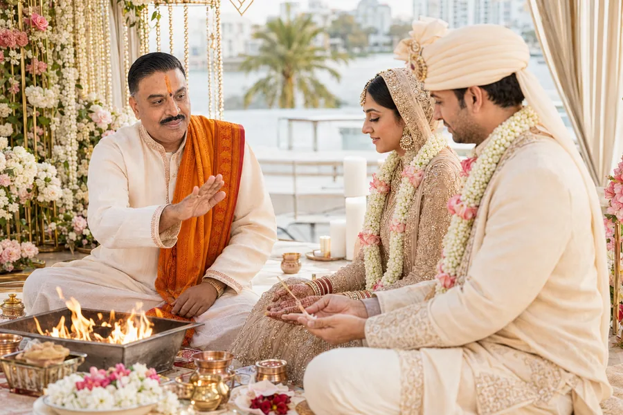 A priest tying the sacred thread during a Hindu wedding ceremony, with palm trees behind