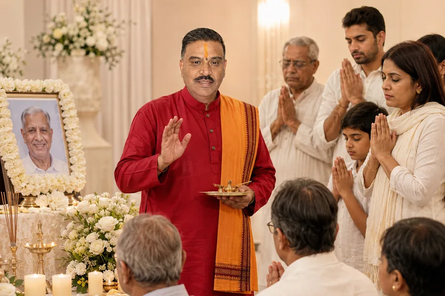A Hindu priest holding an aarti tray during a remembrance prayer, with family standing with hands joined among white flowers and lamps