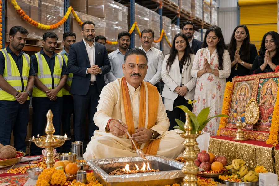 A priest conducting a ceremony in a warehouse, with staff in high-visibility vests and colleagues standing quietly around a garlanded shrine