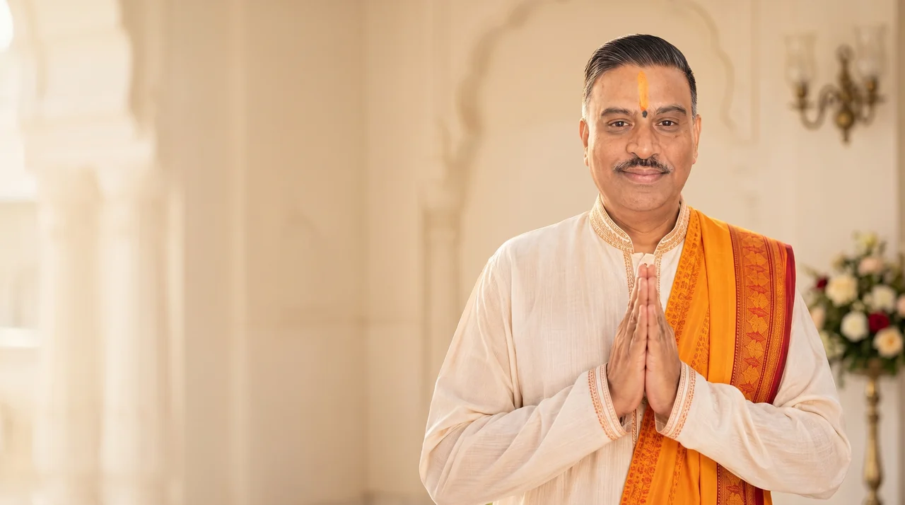Shastri Ji Manishbhai Pandya greeting with namaste