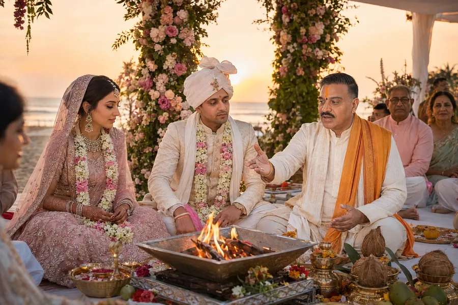 A wedding couple standing beneath a garlanded mandap as the sacred fire burns before them