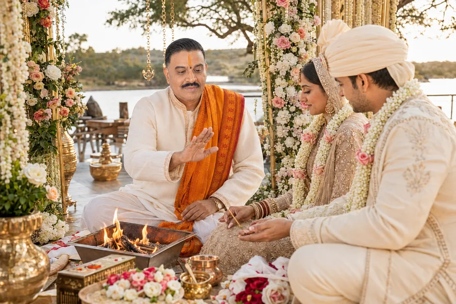 A priest and a couple seated at the sacred fire beneath a floral mandap, with trees and open water behind them
