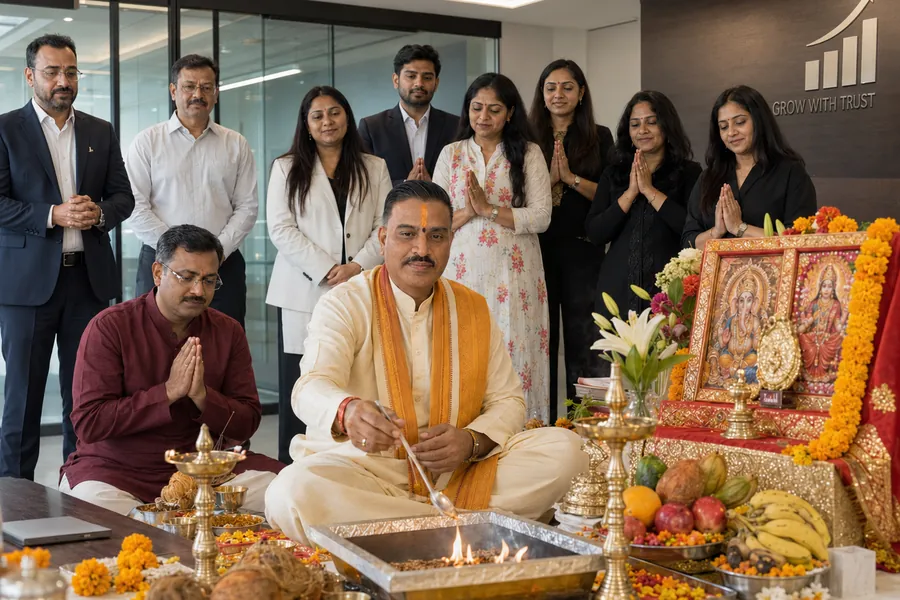 A priest seated at a small sacred fire in an office, with colleagues standing behind and offerings of fruit and flowers laid out