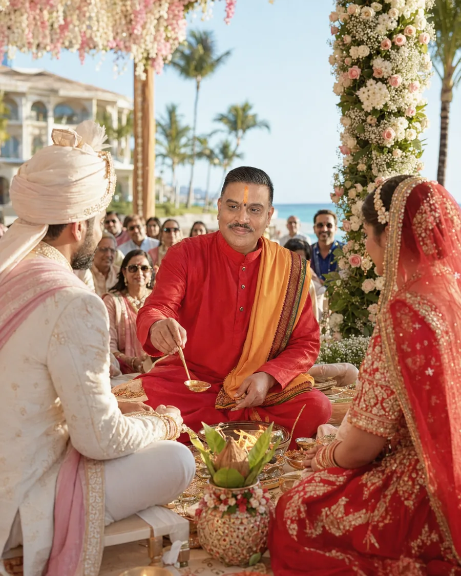 A priest making an offering during a Hindu wedding ceremony under a garlanded mandap by the sea
